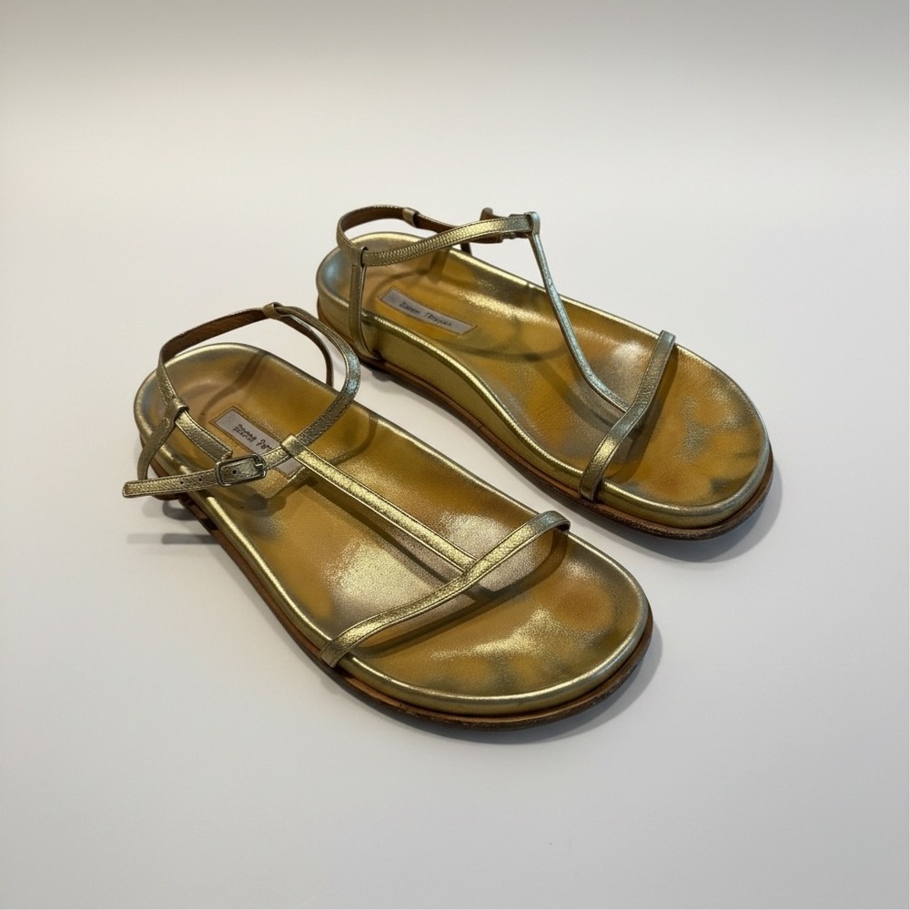 Emme Parsons Gold Metallic Leather T-Strap Flat Sandals Made in Italy 7.5